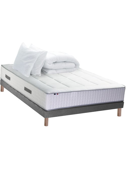 Pack matelas ressorts 7 zones PALACIO + sommier en kit gris + couette et oreillers - Kiabi Pack matelas ressorts 7 zones PALACIO + sommier en kit gris + couette et oreillers - Kiabi