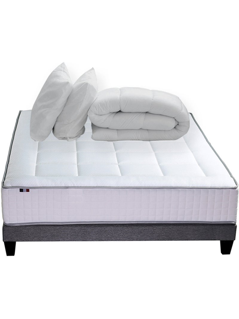 Pack matelas ressorts 7 zones + sommier, couette et oreillers 140x190 Blanc Gris - Kiabi