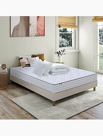 Pack matelas ressorts astre + sommier kit beige + couette et oreillers