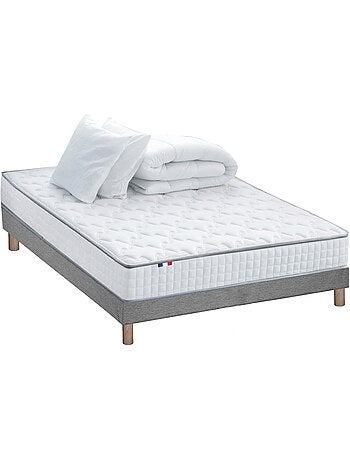 Pack matelas ressorts ASTRE + sommier kit gris + couette et oreillers