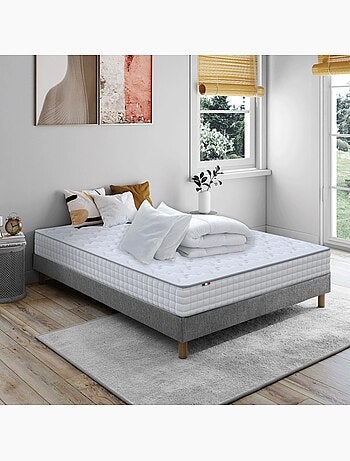 Pack matelas ressorts ASTRE + sommier kit gris + couette et oreillers