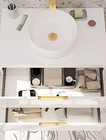 Pack meuble de salle de bains avec poignées or et vasque ronde