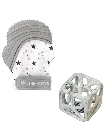 Pack mitaine de dentition et hochet cube de dentition - Gris