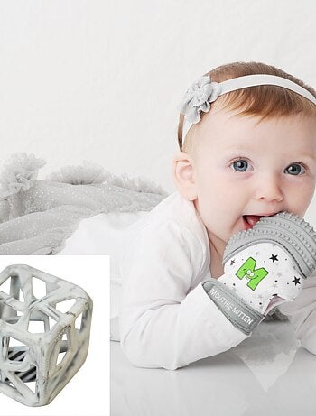 Pack mitaine de dentition et hochet cube de dentition - Gris