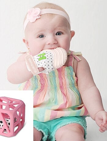 Pack mitaine de dentition et hochet cube de dentition - Rose