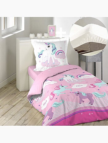 Pack parure de couette enfant 140x200 cm Licorne + drap housse 90x190 Blanc