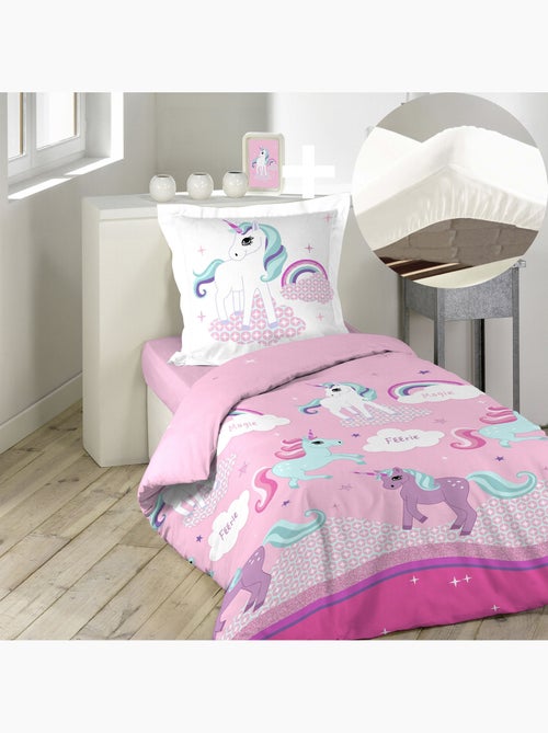 Pack parure de couette enfant 140x200 cm Licorne + drap housse 90x190 Blanc - Kiabi
