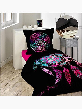 Pack parure de couette enfant 140x200 cm Porte bonheur + drap housse 90x190 Noir