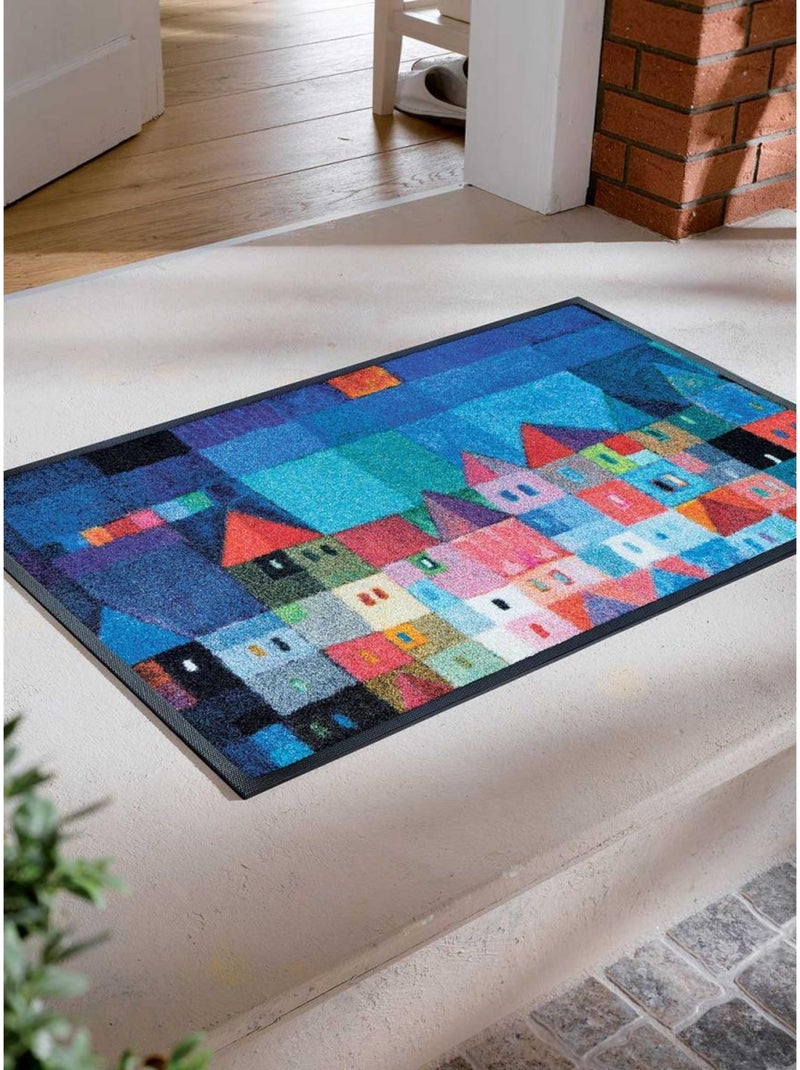 Paillasson tissé motif fresque FULA Bleu - Kiabi