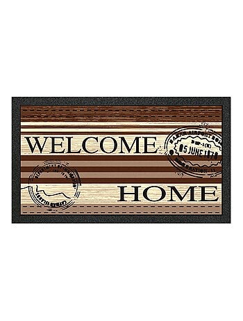 Paillasson Welcome Home - Motif Bois et Timbres Vintage - Antidérapant - 40 x 68 cm