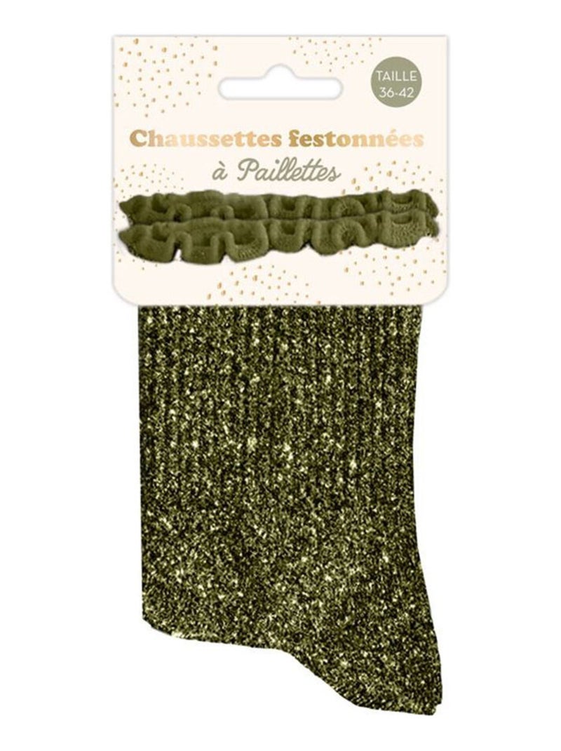 Paire de Chaussettes à Paillettes à Feston - Kaki Kaki - Kiabi