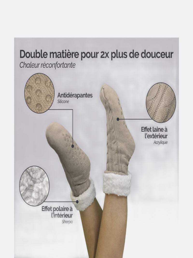 Paire de chaussettes, chaussons polaires mixtes - Taille 35-39 - Vivezen Beige - Kiabi