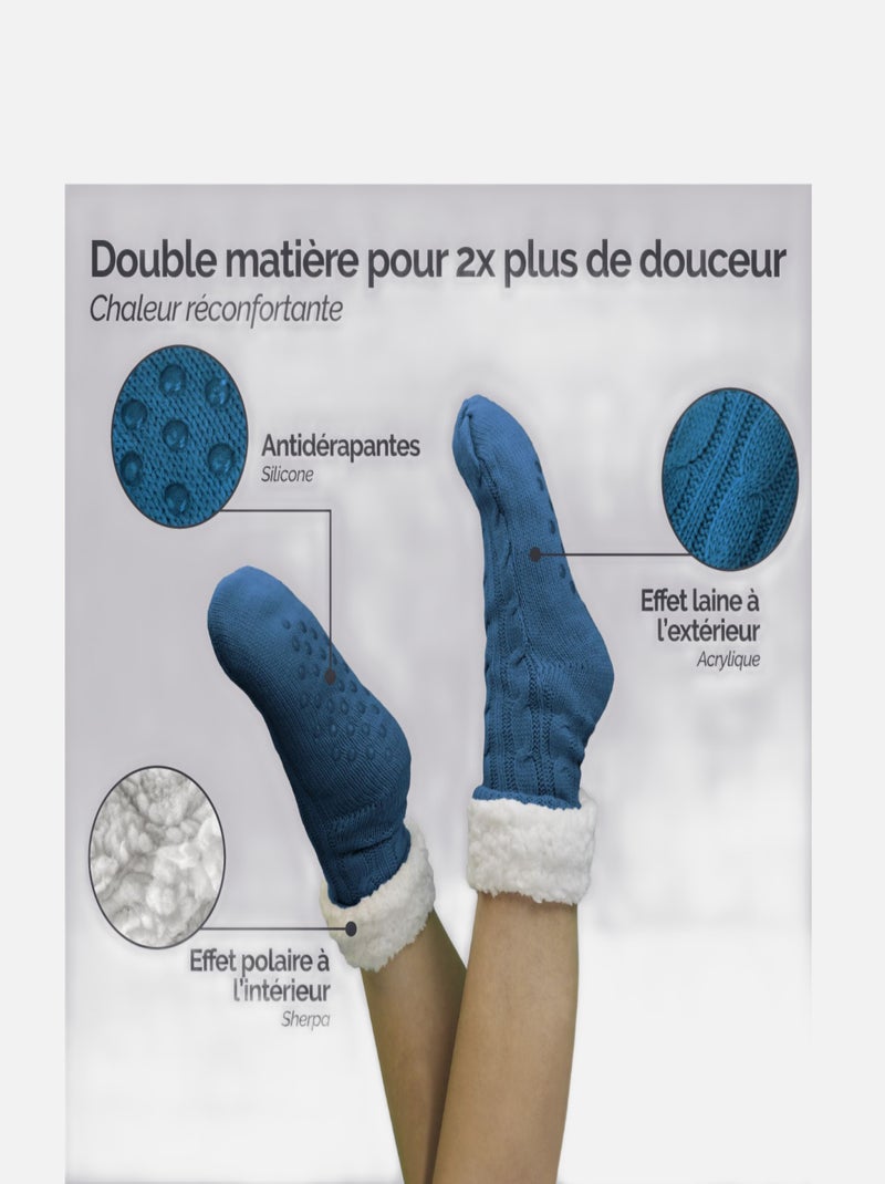 Paire de chaussettes, chaussons polaires mixtes - Taille 35-39 - Vivezen Bleu pétrole - Kiabi