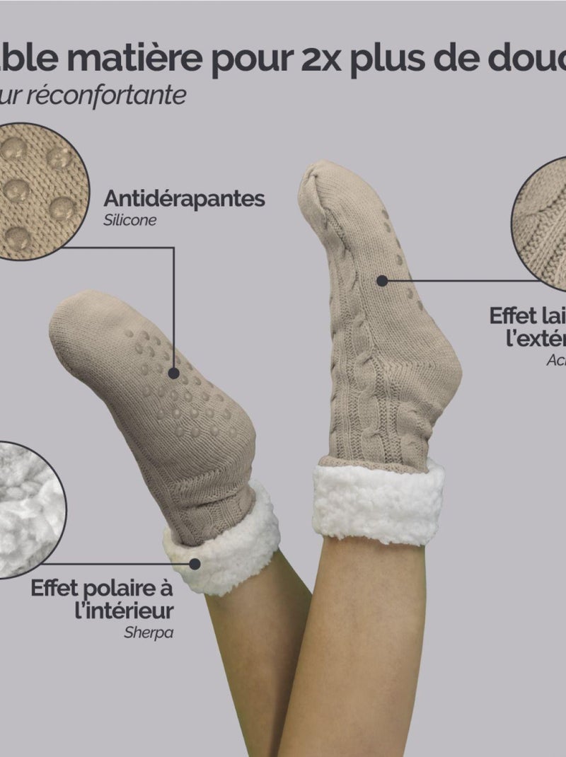 Paire de chaussettes, chaussons polaires mixtes - Taille 40-45 - Vivezen Beige - Kiabi