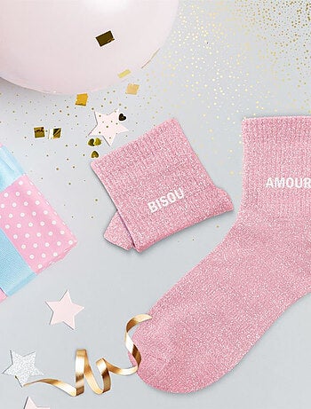 Paire de chaussettes dépareillées rose Bisou Amour