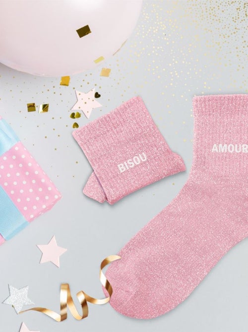 Paire de chaussettes dépareillées rose Bisou Amour - Kiabi