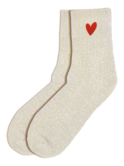 Paire de chaussettes pailletées beige et or petit coeur - Kiabi