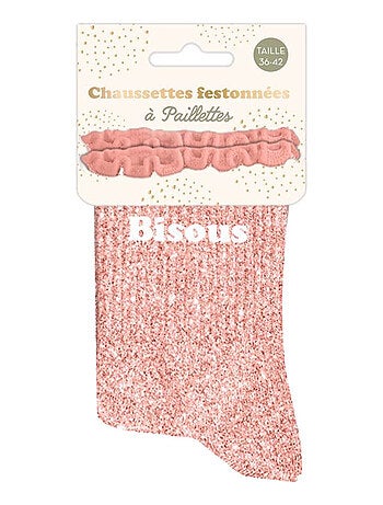 Paire de chaussettes paillettes à feston bisous rose
