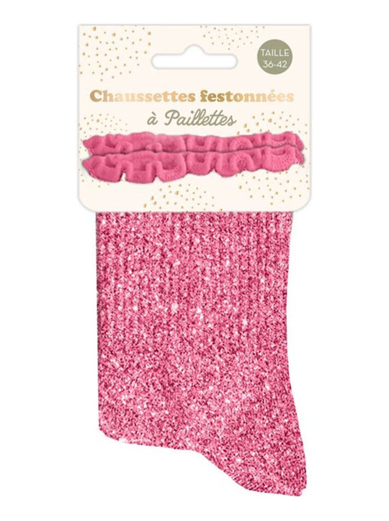 Paire de chaussettes paillettes à feston rose Rose - Kiabi