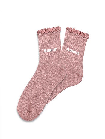 Paire de chaussettes pour fillette paillettes à feston rose Amour