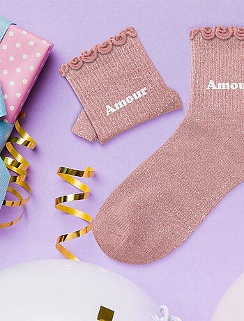 Paire de chaussettes pour fillette paillettes à feston rose Amour