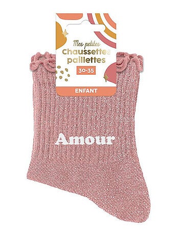 Paire de chaussettes pour fillette paillettes à feston rose Amour