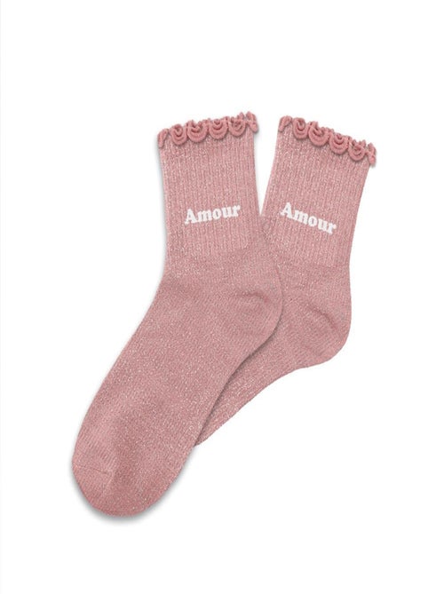 Paire de chaussettes pour fillette paillettes à feston rose Amour - Kiabi