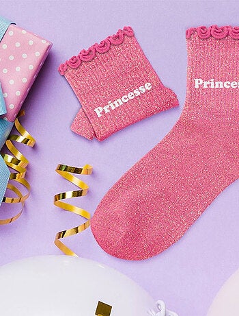 Paire de chaussettes pour fillette paillettes à feston rose princesse