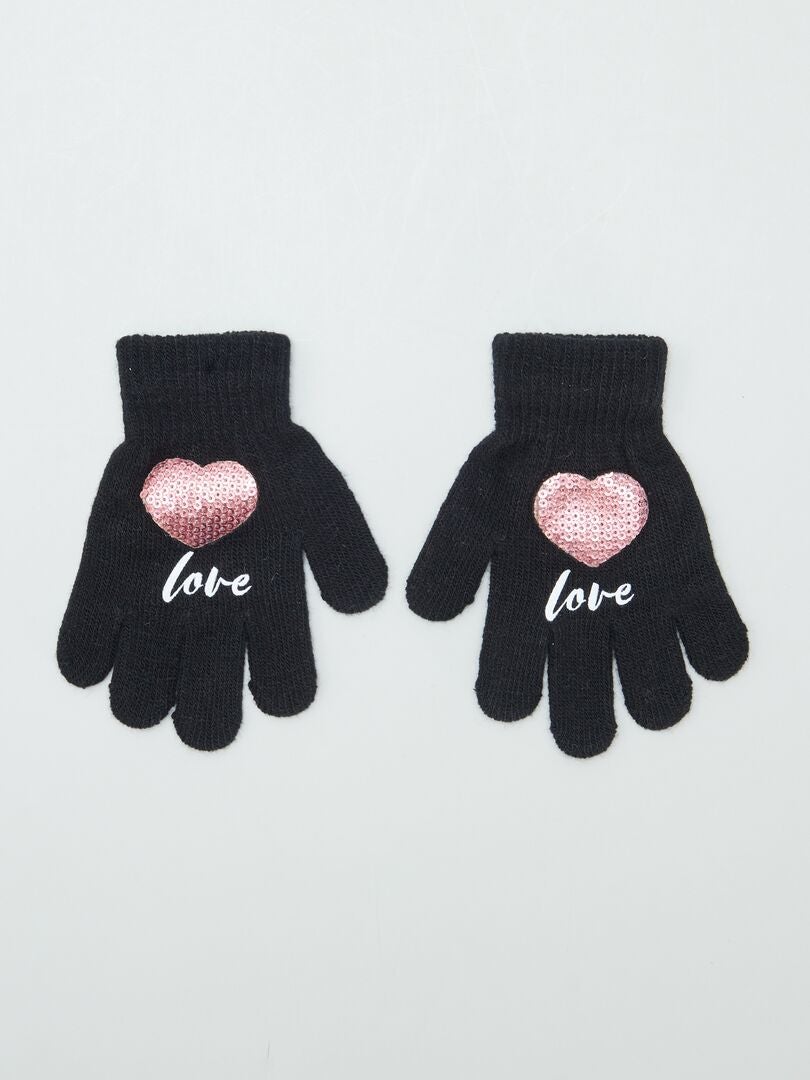 Paire de gants avec 'cœurs en sequins' noir - Kiabi