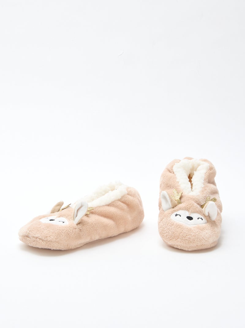 Paire de pantoufles fourrée fantaisie Beige - Kiabi