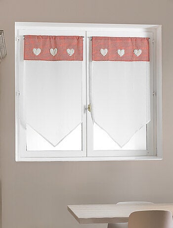 Paire de petits voilages en étamine avec parement vichy