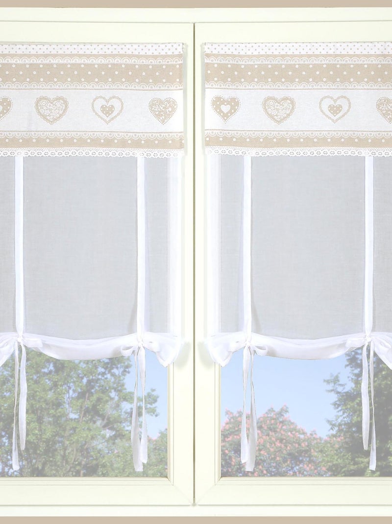 Paire de stores étamine cœurs , vitrage finition passe-tringle. Blanc Beige - Kiabi