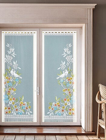 Paire de vitrages frangés en dentelle oiseaux et fleurs