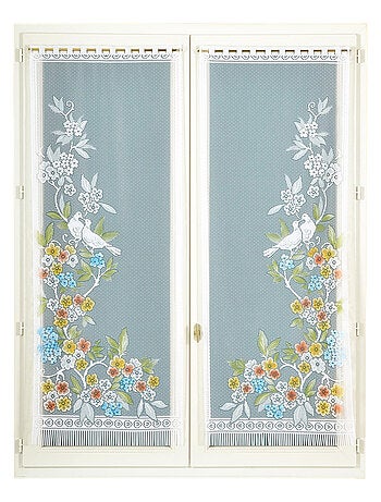 Paire de vitrages frangés en dentelle oiseaux et fleurs