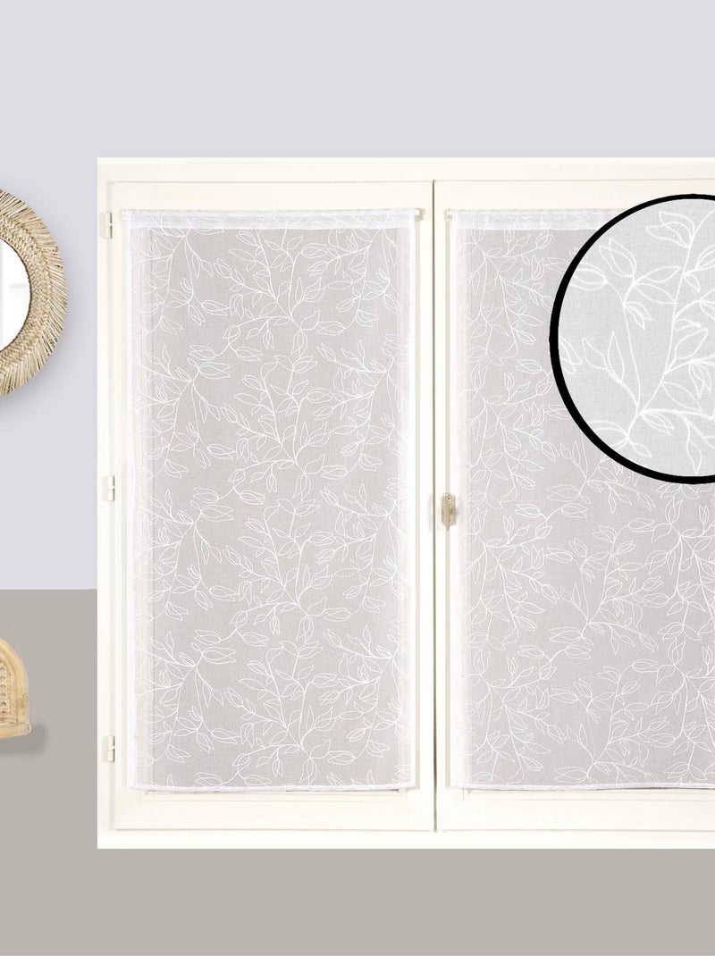 Paire de voilages brodé feuilles, vitrage finition passe-tringle. Blanc - Kiabi
