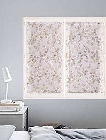 Paire de Voilages Imprimé Feuilles, finition passe-tringle, vitrages.