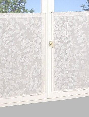 Paire de voilages imprimé feuilles, finition passe-tringle, vitrages.