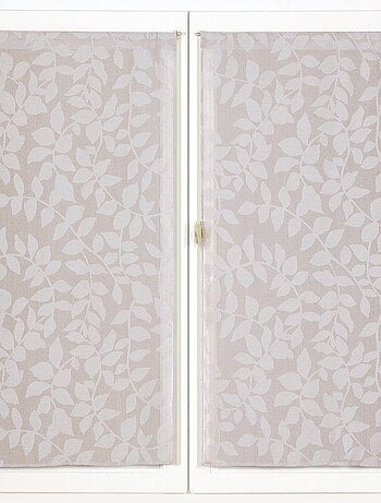Paire de voilages imprimé feuilles, finition passe-tringle, vitrages.