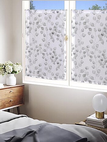 Paire de Voilages Imprimé Feuilles, finition passe-tringle, vitrages.