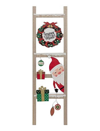 Pancarte échelle Joyeux Noël en bois avec Père Noël et couronne