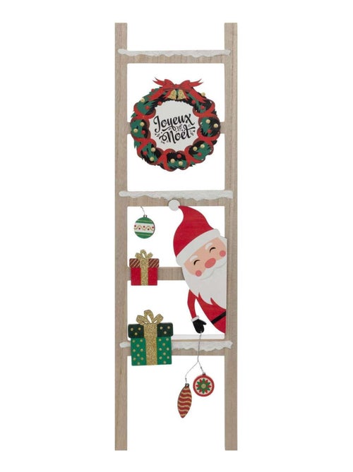 Pancarte échelle Joyeux Noël en bois avec Père Noël et couronne - Kiabi