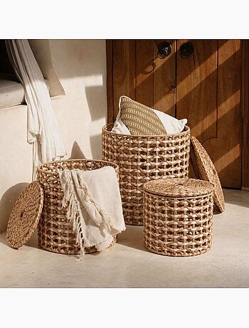 Panier à couvercle en jacinthe d'eau tressée 40cm