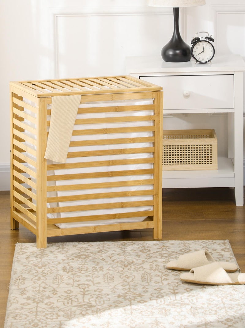 Panier à linge - sac en tissu amovible, couvercle - bambou verni Beige - Kiabi