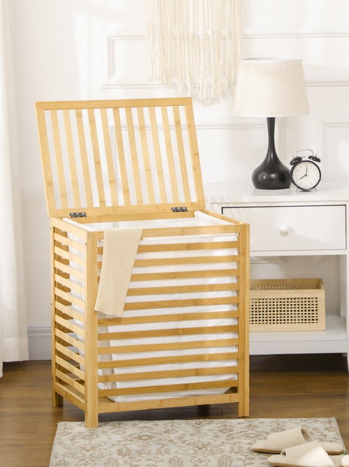 Panier à linge - sac en tissu amovible, couvercle - bambou verni - Kiabi