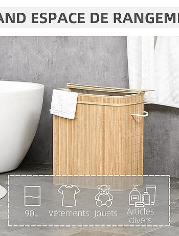 Panier à linge 100 L 2 compartiments bambou housse tissu