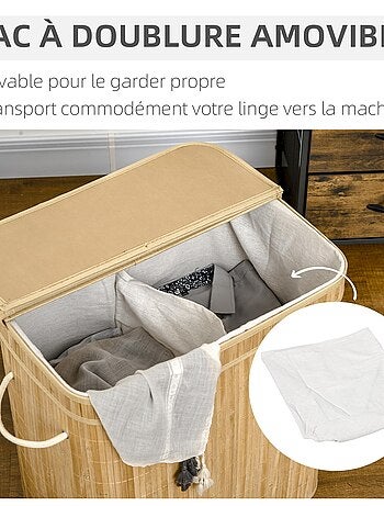 Panier à linge 100 L 2 compartiments bambou housse tissu