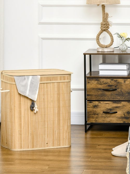 Panier à linge 100 L 2 compartiments bambou housse tissu - Kiabi
