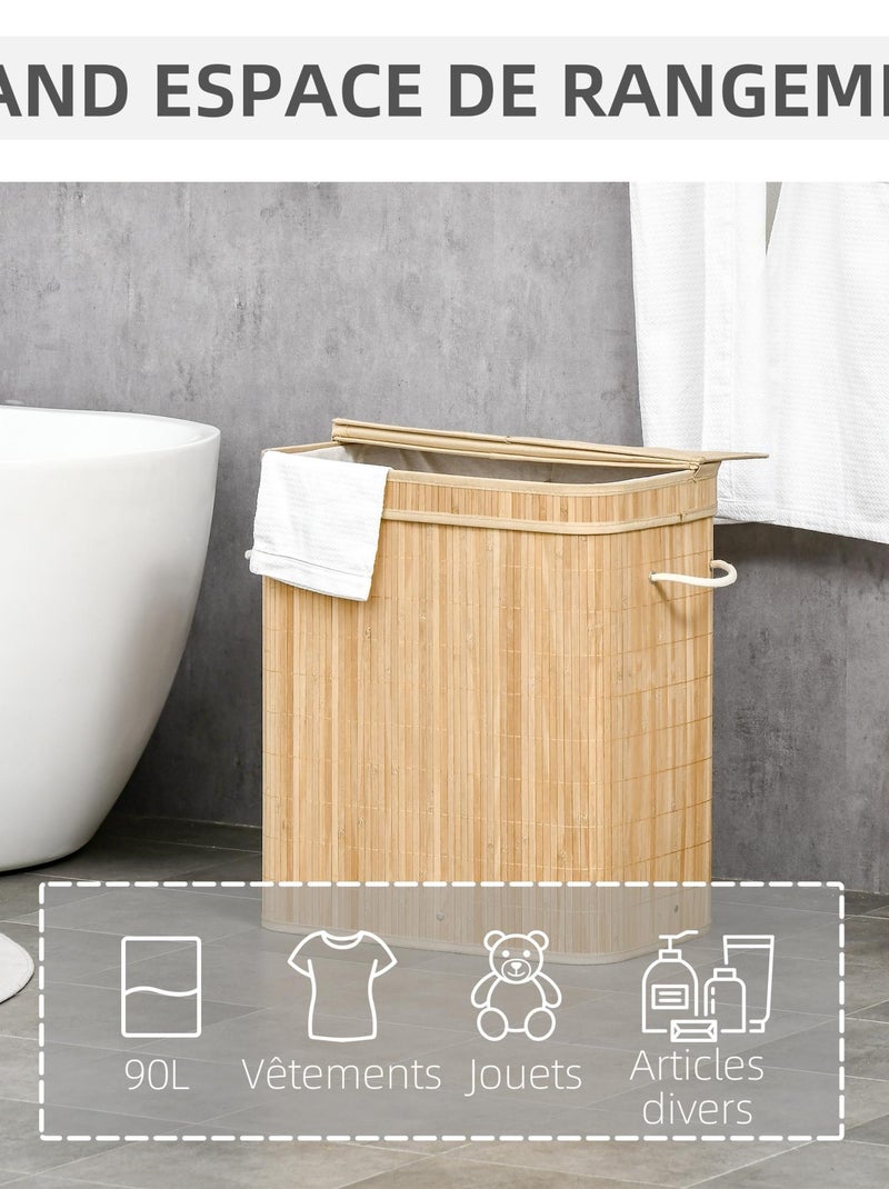 Panier à linge 100 L 2 compartiments bambou housse tissu Beige - Kiabi