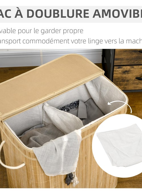 Panier à linge 100 L 2 compartiments bambou housse tissu - Kiabi