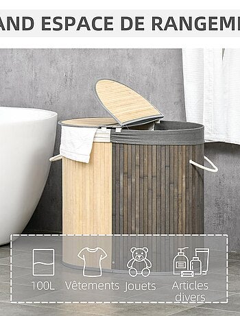 Panier à linge 100 L 2 compartiments bambou housse tissu